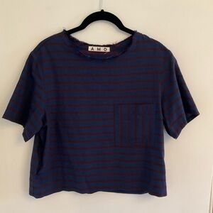 AMO Navy and Burgundy Striped Cropped Boxy Pocket Top Sz S